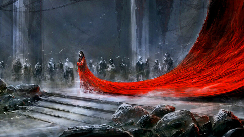 Woman in Red Cloak — Dramatic, Digital Art, Crowd