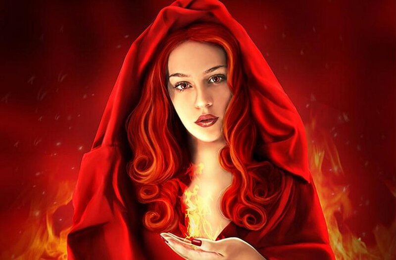 Woman in Red Cloak — Dramatic, Digital Art, Fire
