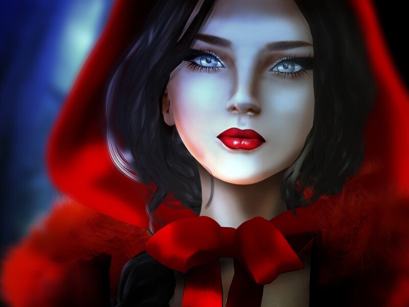 Woman in Red Cloak — Dramatic, Digital Art, Red Hood, Blue Eyes