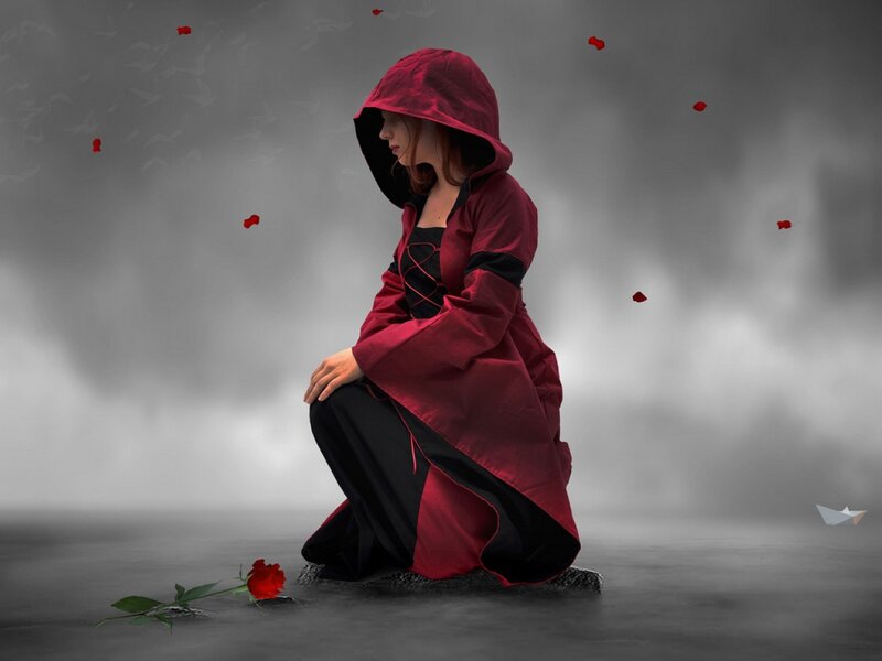 Woman in Red Cloak — Dramatic, Digital Art, Rose Petals