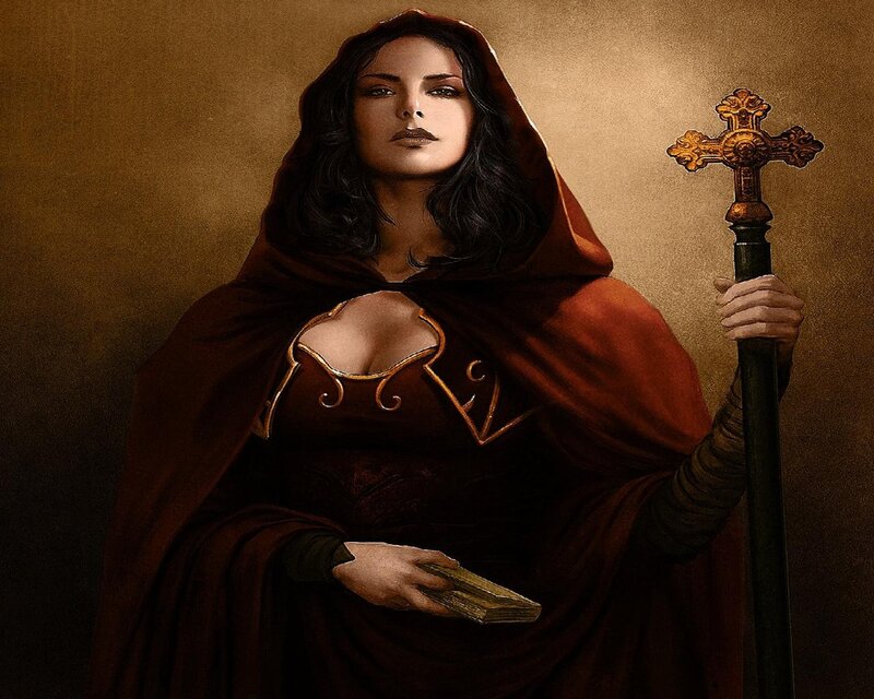 Woman in Red Cloak — Dramatic, Digital Art, Staff