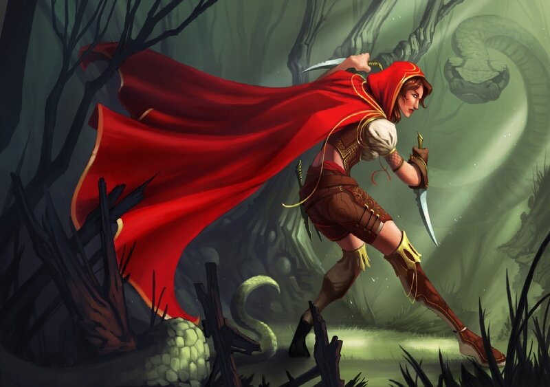Woman in Red Cloak — Dramatic, Digital Art, Sword, Snake