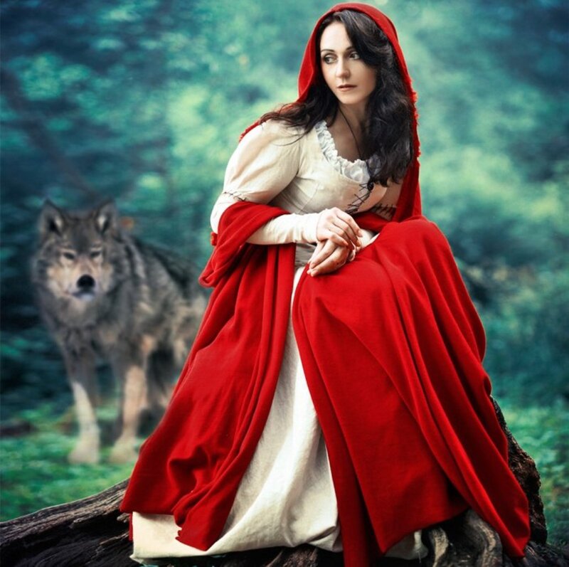 Woman in Red Cloak — Dramatic, Digital Art, Wolf, Forest