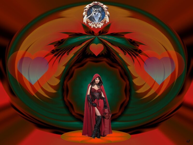 Woman in Red Cloak — Dramatic, Digital Art, Wolf, Hearts