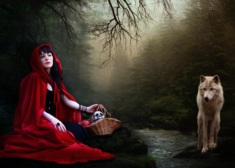 Woman in Red Cloak — Dramatic, Digital Art, Wolf