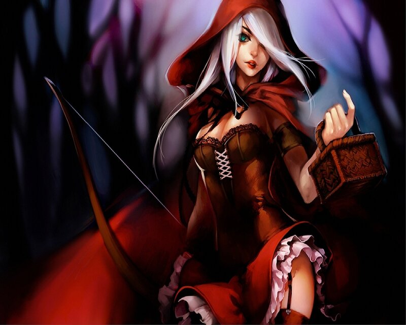 Woman in Red Cloak — Dramatic, Night, Digital Art, Bow and Arrow, Basket