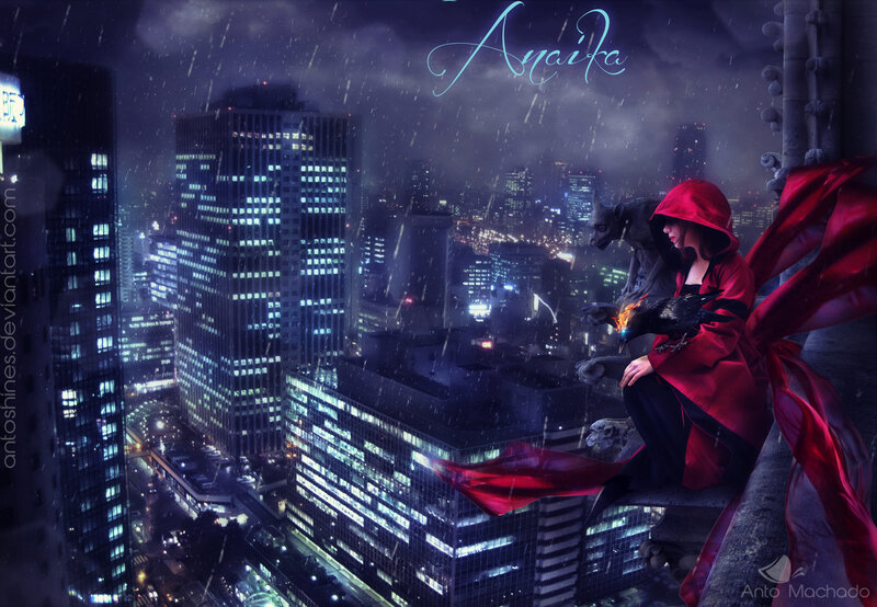 Woman in Red Cloak — Dramatic, Night, Digital Art, Cityscape