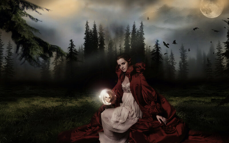 Woman in Red Cloak — Dramatic, Night, Digital Art, Forest, Moon, Birds