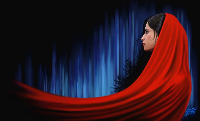 Woman in Red Cloak — Dramatic, Night, Digital Art, Hair, Profile