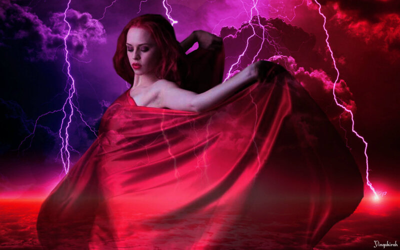 Woman in Red Cloak — Dramatic, Night, Digital Art, Lightning