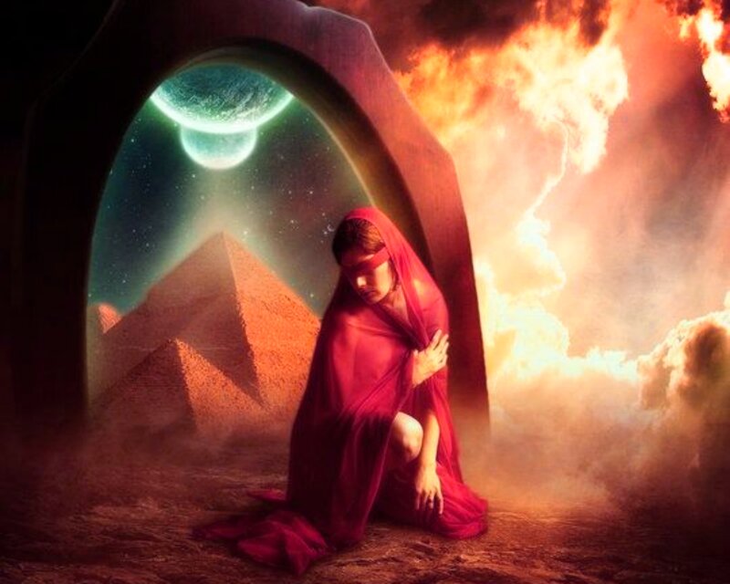 Woman in Red Cloak — Dramatic, Night, Digital Art, Pyramids