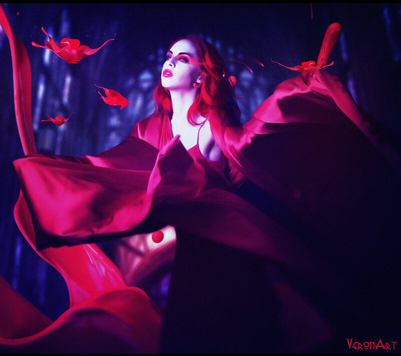 Woman in Red Cloak — Dramatic, Night, Digital Art, Red Liquid