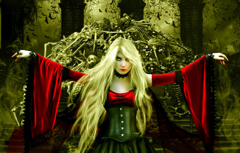 Woman in Red Cloak — Dramatic, Night, Digital Art, Skeletons