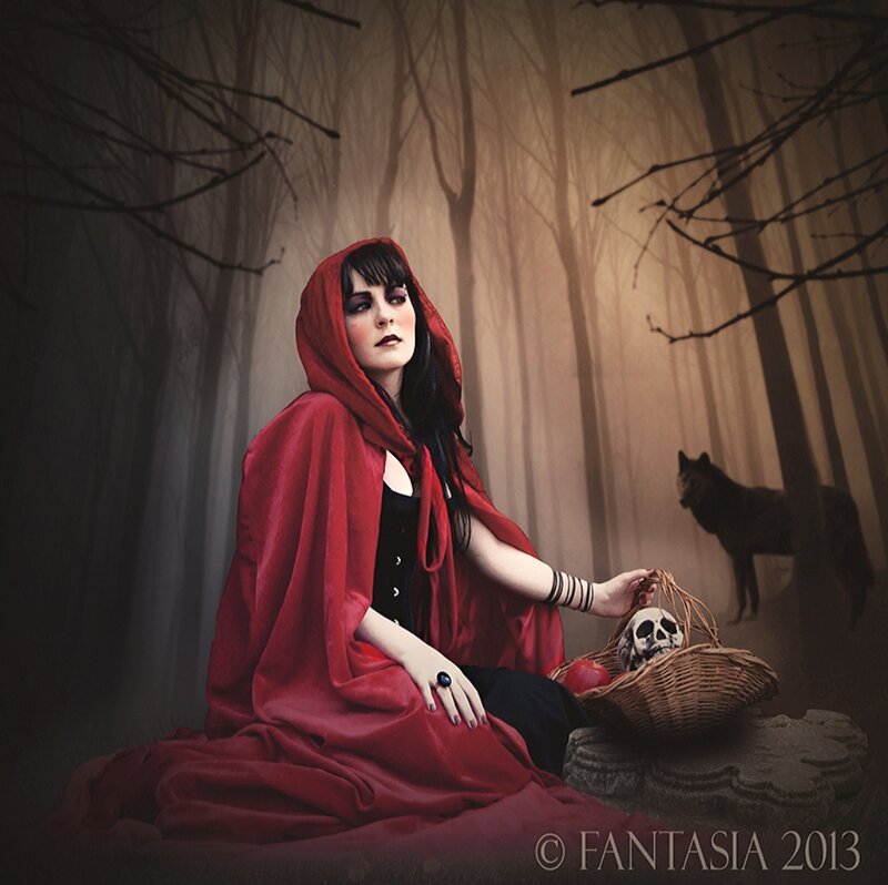 Woman in Red Cloak — Dramatic, Night, Digital Art, Skull