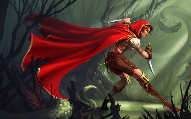 Woman in Red Cloak — Dramatic, Night, Digital Art, Sword, Forest