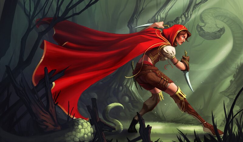 Woman in Red Cloak — Dramatic, Night, Digital Art, Sword, Snake