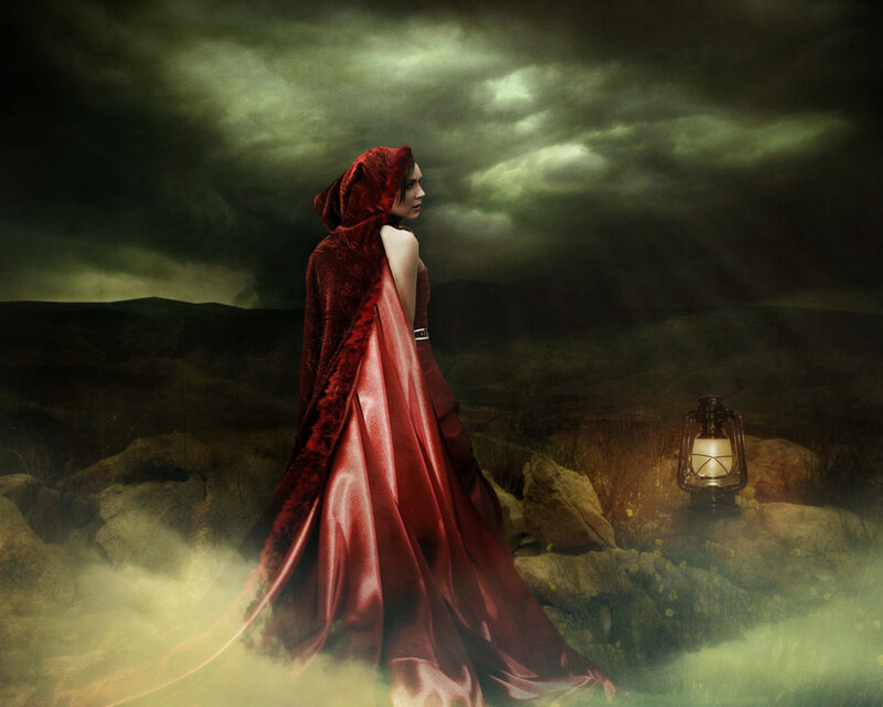 Woman in Red Cloak — Dramatic, Night, Digital Art