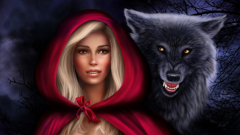 Woman in Red Cloak — Dramatic, Night, Digital Art, Wolf