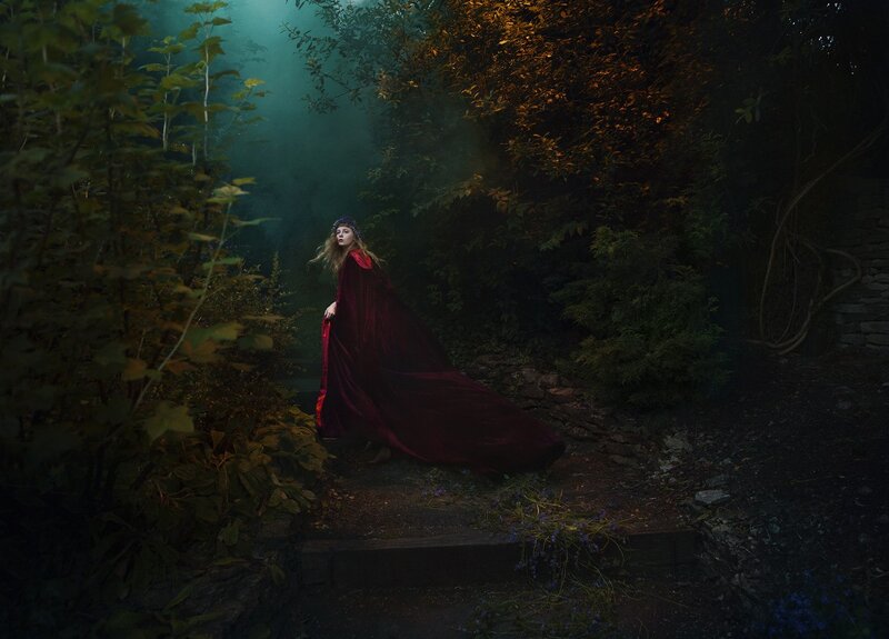 Woman in Red Cloak — Dramatic, Night, Photograph, Forest, Path
