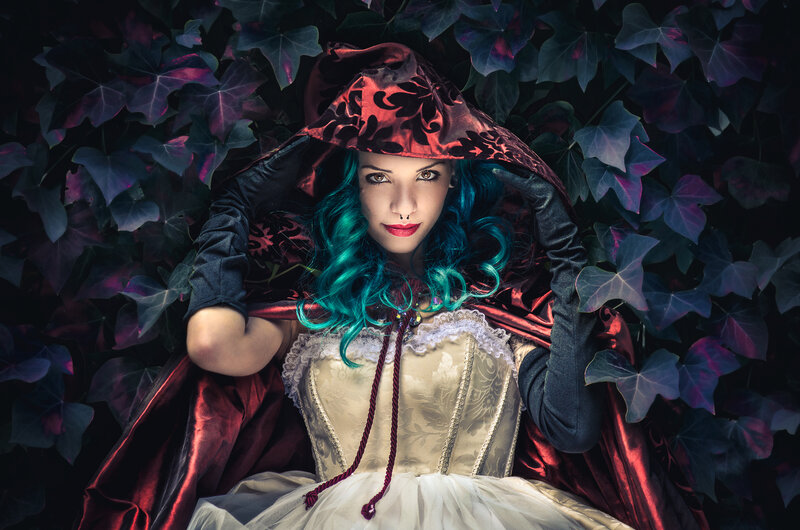 Woman in Red Cloak — Dramatic, Night, Photograph, Green Hair