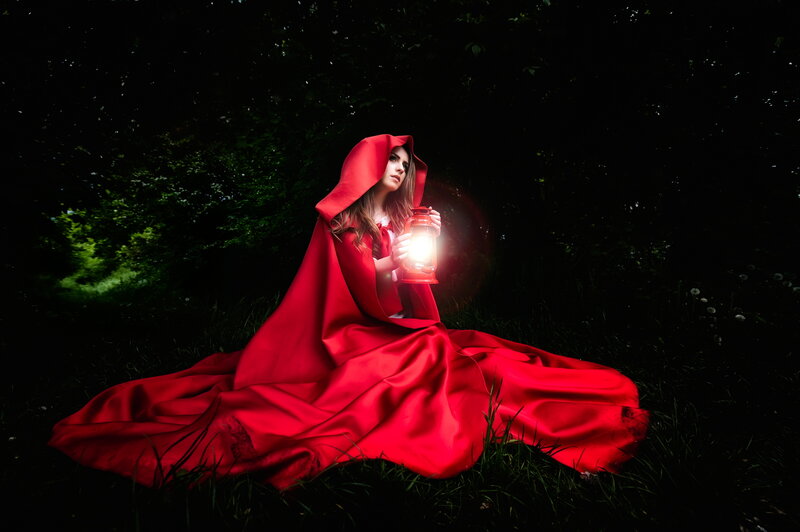 Woman in Red Cloak — Dramatic, Night, Photograph, Lantern