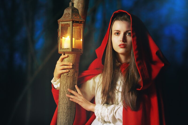 Woman in Red Cloak — Dramatic, Night, Photograph, Lantern, Wooden Post