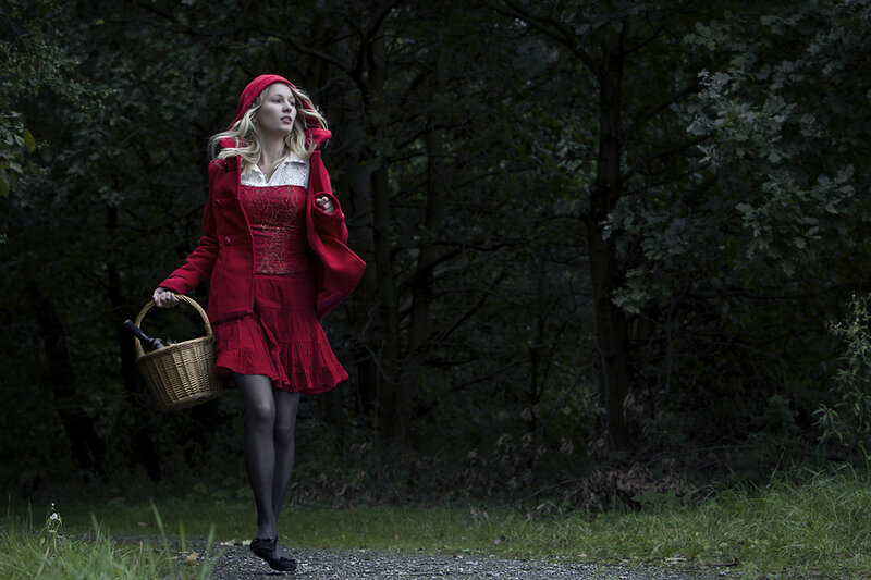 Woman in Red Cloak — Dramatic, Photograph, Basket