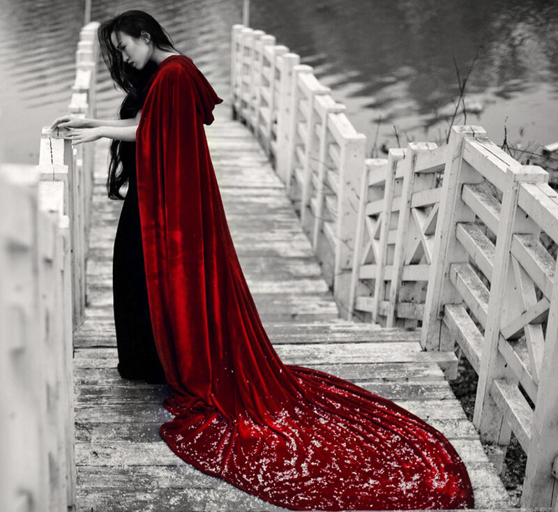Woman in Red Cloak — Dramatic, Photograph, Bridge
