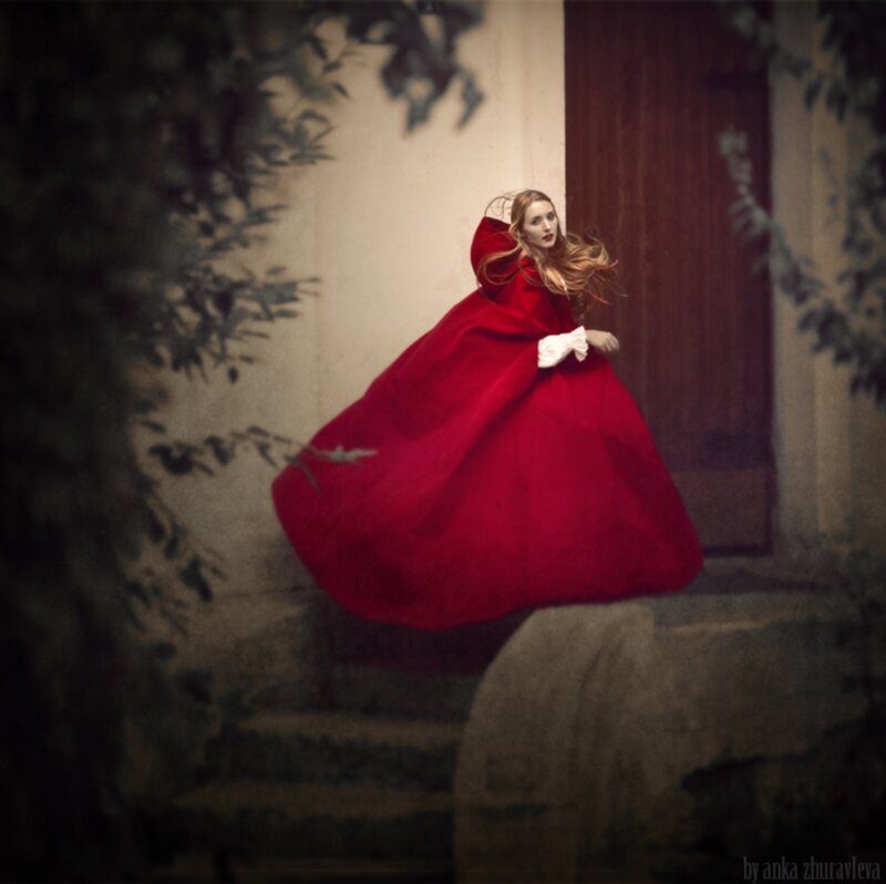 Woman in Red Cloak — Dramatic, Photograph, Door