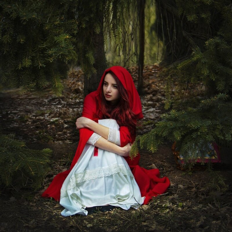 Woman in Red Cloak — Dramatic, Photograph, Forest, Basket