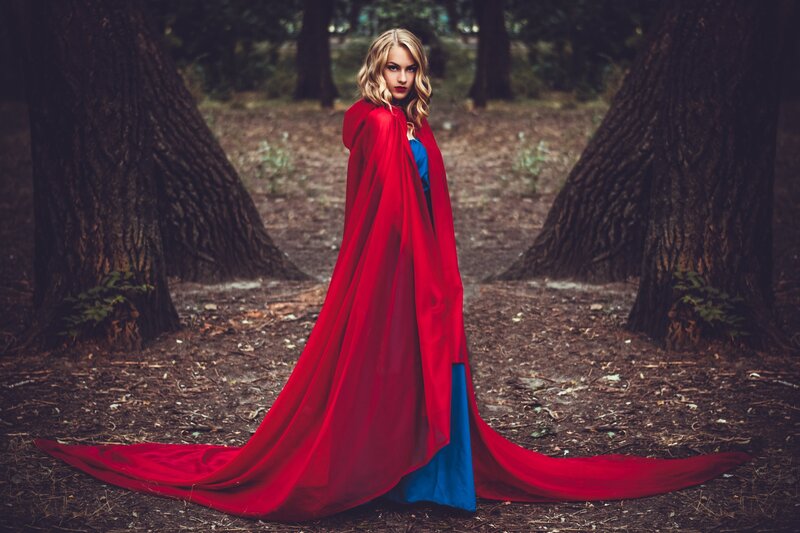 Woman in Red Cloak — Dramatic, Photograph, Forest, Trees