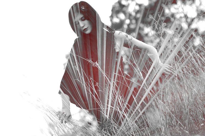 Woman in Red Cloak — Dramatic, Photograph, Grass
