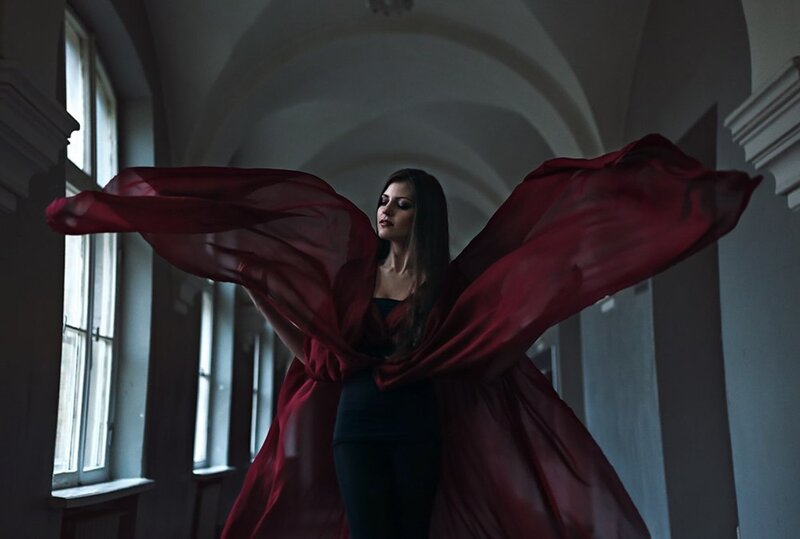 Woman in Red Cloak — Dramatic, Photograph, Hallway