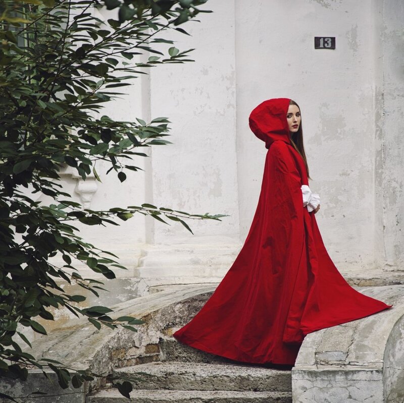 Woman in Red Cloak — Dramatic, Photograph, Steps
