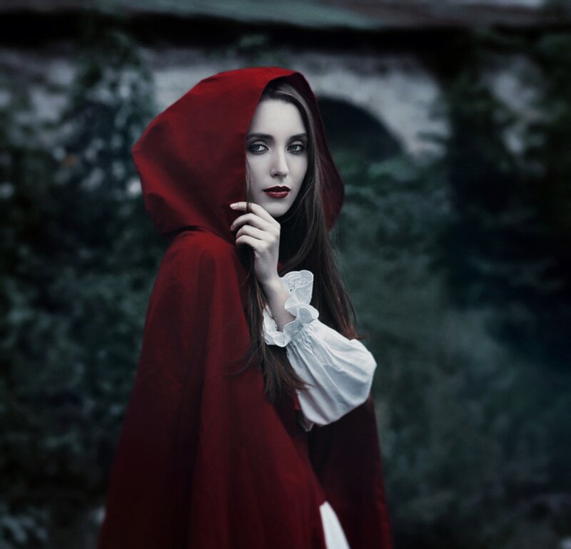 Woman in Red Cloak — Dramatic, Photograph, White Blouse