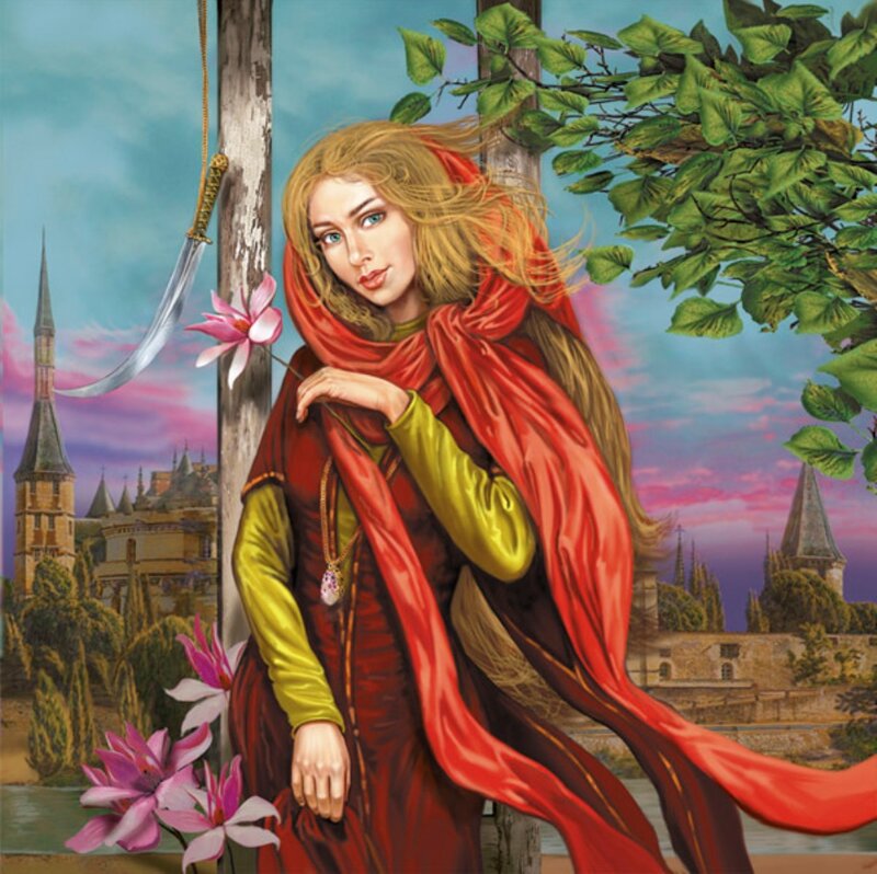 Woman in Red Cloak — Dramatic, Sunset, Digital Art, Sword