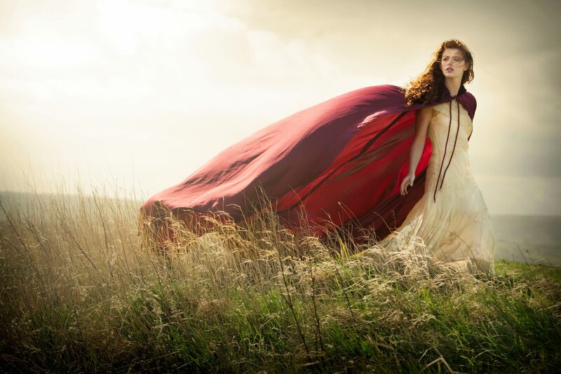 Woman in Red Cloak — Dramatic, Sunset, Photograph, Field