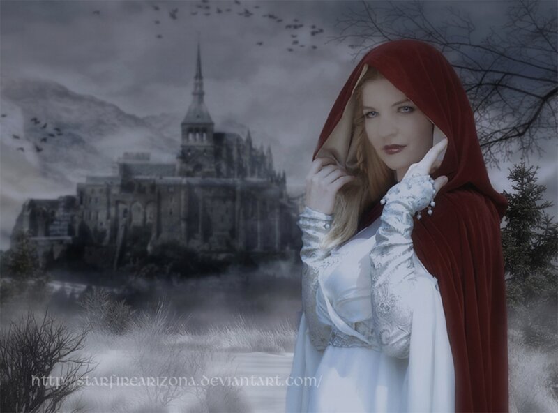 Woman in Red Cloak — Dramatic, Winter, Digital Art, Castle