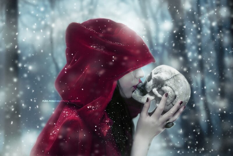 Woman in Red Cloak — Dramatic, Winter, Digital Art, Skull