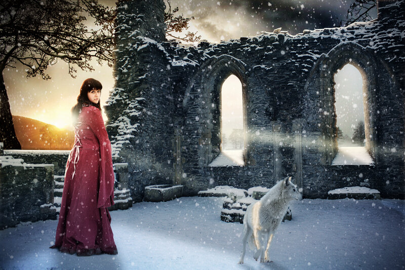 Woman in Red Cloak — Dramatic, Winter, Digital Art, Wolf, Ruins