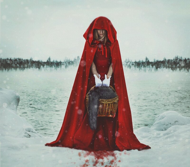 Woman in Red Cloak — Dramatic, Winter, Photograph, Basket, Snow
