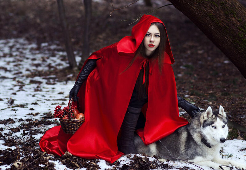 Woman in Red Cloak — Dramatic, Winter, Photograph, Husky Dog