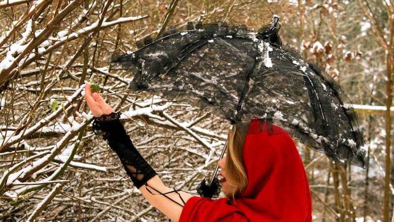 Woman in Red Cloak — Dramatic, Winter, Photograph, Umbrella, Snow