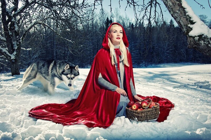 Woman in Red Cloak — Dramatic, Winter, Photograph, Wolf