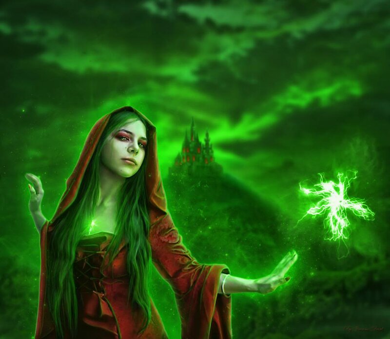Woman in Red Cloak — Green, Dramatic, Night