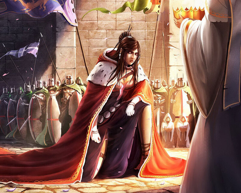 Woman in Red Cloak Kneeling — Dramatic