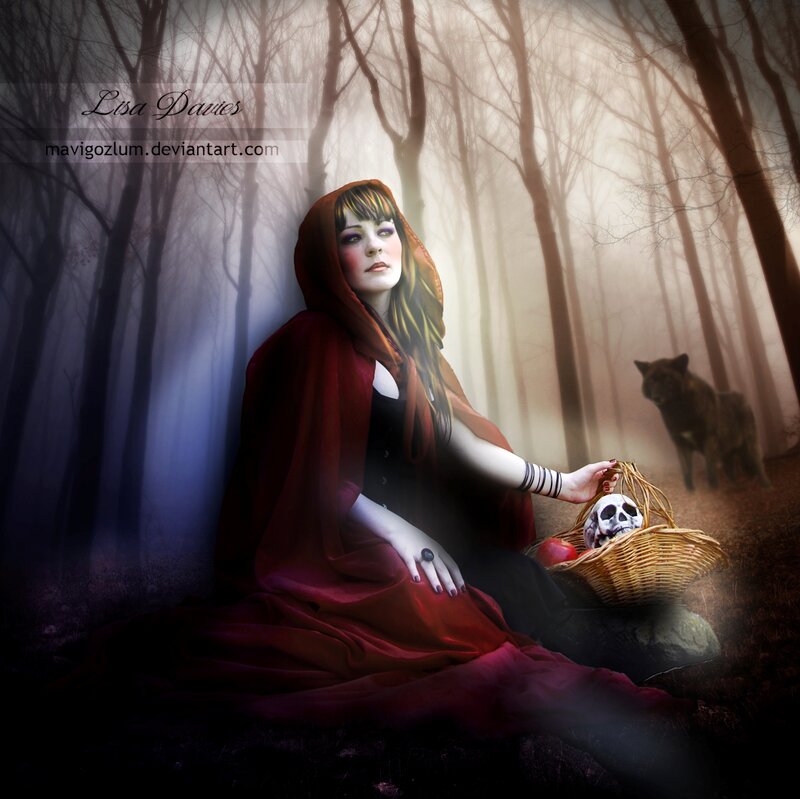 Woman in Red Cloak — Mysterious, Night, Digital Art, Basket
