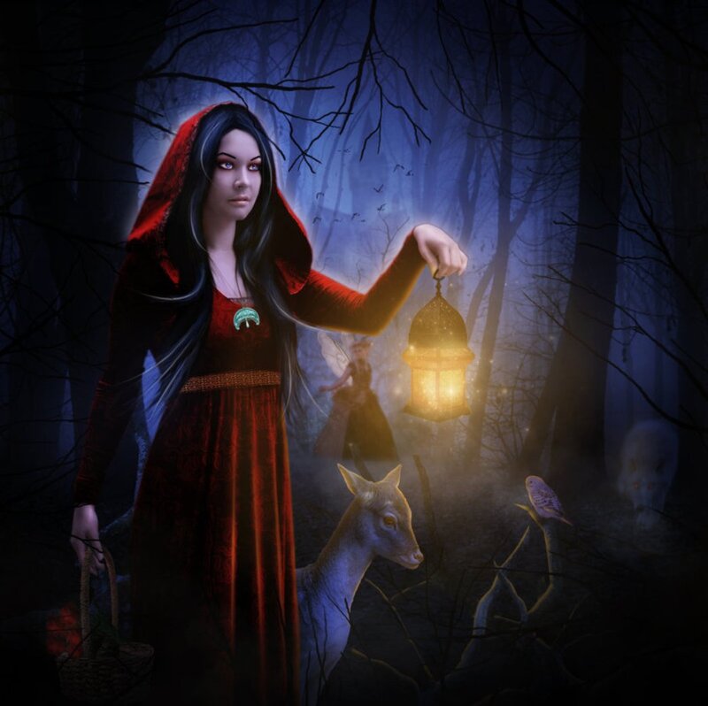 Woman in Red Cloak — Mysterious, Night, Digital Art, Deer