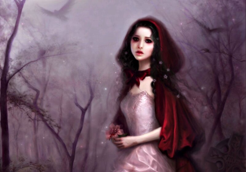 Woman in Red Cloak — Mysterious, Night, Digital Art, Forest