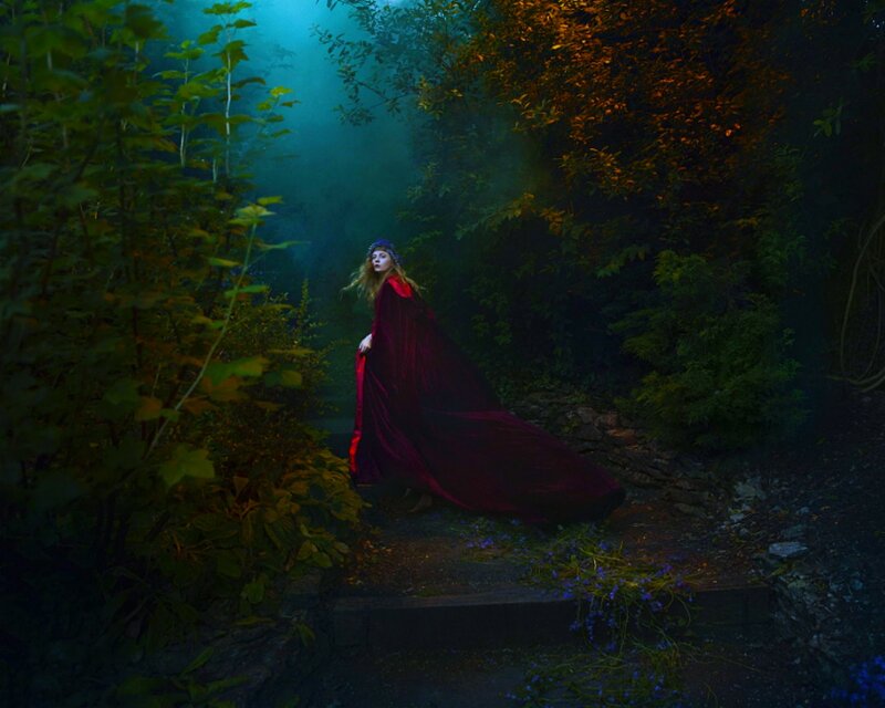 Woman in Red Cloak — Mysterious, Night, Photograph, Forest